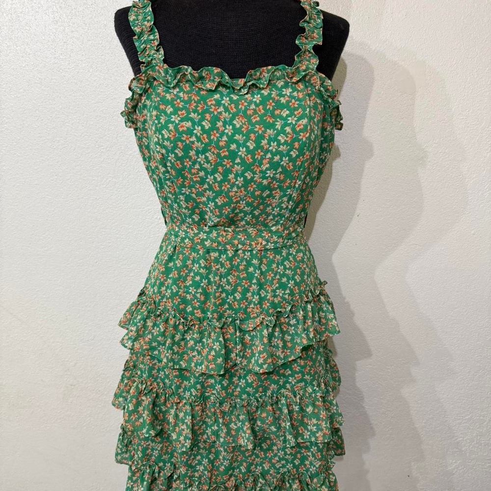 Green floral mini dress with‎ ruffles and tie waist